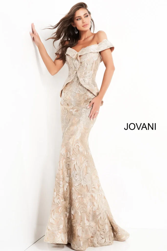 Gold couture gown featuring a polished design for formal occasions.